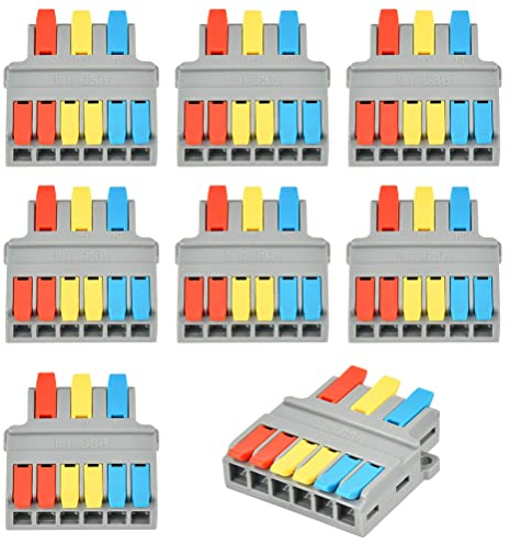 TIMESETL 8er Klemmen Set Verteilerklemme, 3 in 6 raus Verbindungsklemme mit Hebel, Leiter-Kabelverbinder Draht Push Kabelverbinder, Kompakt Steckklemmen geeigenet für 0.5-6.0 mm² Draht