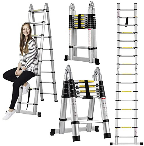 Échelle Télescopique en Aluminium 5 m - 2,5 m + 2,5 m - Échelle Escabeau Télescopique Pliante avec Stabilisateur - Échelle Multi-Usage - Mécanisme de Rétraction Souple - Charge Maximale : 150 kg