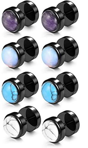 BOPREINA 4 Pairs Mens Fake Gauges Stud Earrings Set Stainless Steel Ear Piercing Faux Cheater Illusion Plugs Tunnel Flat Back Stud Earrings for Men Women 00G Gauge Look