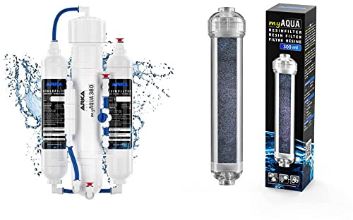 ARKA Aquatics - myAqua380 Umkehrosmoseanlage für 380L/Tag. Wasserfilter und Enthärtungsanlage Filter für bis zu 99% der Schadstoffe, Salz und Bakterien & Resinfilter 300 ml - Reinstwasserfilter