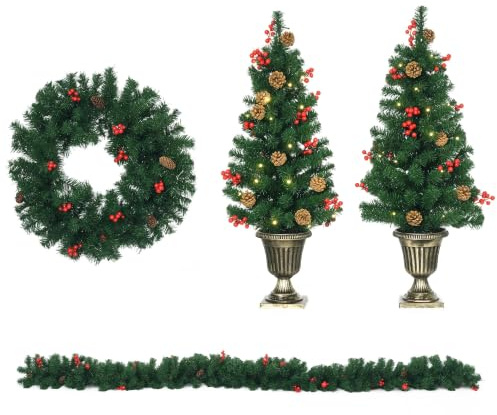 HOMCOM 4-teiliges Set Weihnachtsschmuck Haustür Deko Weihnachtsdekoration-Set mit LED-Beleuchtung inkl. 2 Weihnachtsbäume, 1 Weihnachtskranz, 1 Weihnachtsgirlande