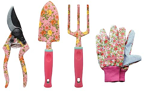 MQFORU Gartenwerkzeug Set, 4 Stück Gartenwerkzeug, Gartenset Werkzeug für Frauen, Baumschere, Handschuhe, Kelle, Kultivator Gartengeräte für Gartenarbeit, Rosa