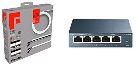 Famatel 71502A Selbstklebender Kabelkanal | weiß & TP-Link TL-SG105 5-Ports Gigabit Netzwerk Switch (bis 2000 MBit/s im Vollduplexmodus, geschirmte RJ-45 Ports, Metallgehäuse) blau metallic