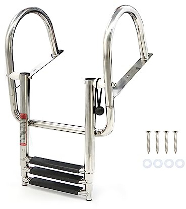 WFLNHB Stainless Steel 3 Steps Pontoon Boat Ladder Heavy Duty Custom Swim Deck Ladder Folding Telescoping Ladder with Pedal Hand Railing Replacement for Marine Boat Yacht Swimming Pool