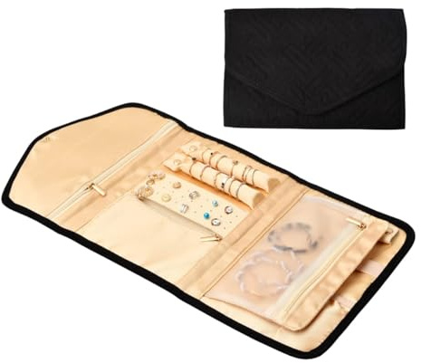 WOOXGEHM Rollo de Organizador de Joyero Viaje, Mini Plegable, Bolsa de Rollo de Joyería Portátil Antienredos con Diseño de Espacio Múltiple para Anillos de Viaje, Collares, Aretes, Pulseras(Black)