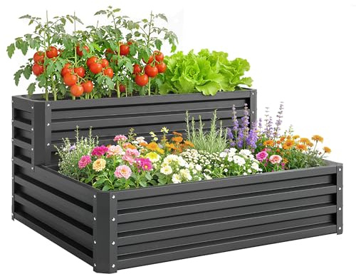 Outsunny Huerto Urbano de 2 Niveles de Acero Galvanizado, Jardinera Exterior con Diseño de Escalera y Fondo Abierto para Cultivos, Plantas, Herbaria, para Terraza, Jardín, 120x101x58 cm, Gris Oscuro