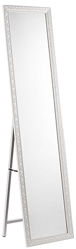 Baroni Home Specchio da Terra con Struttura in Acciaio, Specchio a Figura Intera con Supporto Pieghevole con Cornice Decorata in Legno, Riccioli Bianchi, 40x150 cm