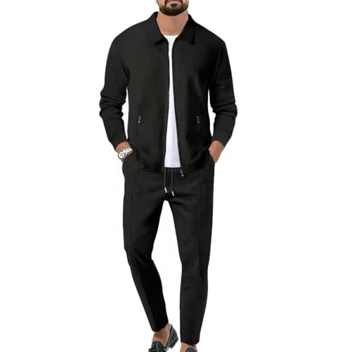 Veriliss Herren 2-Teilige Waffel Soft Hoodies Sweatsuit Sets Male Trainingsanzug-Sets Mit Durchgehendem Reißverschluss, Trendige Jacke Anzug Sommer Outfits(Schwarz,XXL)