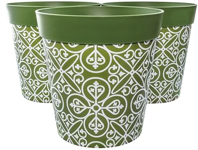 Hum blomkrukor, 25 cm set med 3, olika mönster färger och storlekar, inomhus/utomhus plastväxtkrukor (grön marock)