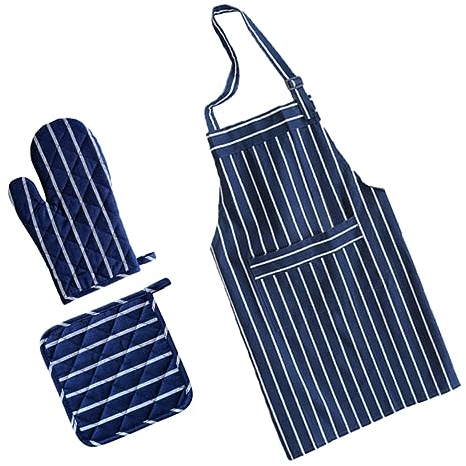 Cabilock 1 Set 3 Pezzi Grembiule Presina Guanti cuscinetto caldo porta pentola calda guanto da lavoro presine in cotone guanto cucina natale Blù guanti da forno banda impostare tovaglia