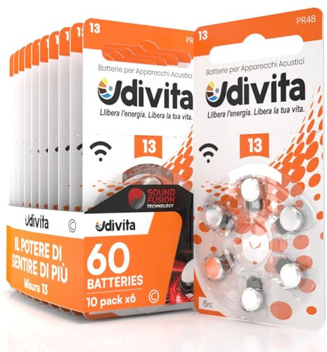 60 Batterie per Apparecchi Acustici Udivita Misura 13 PR48 a Lunga Durata con Tecnologia Phono Pulse - 10 Blister da 6 Pile