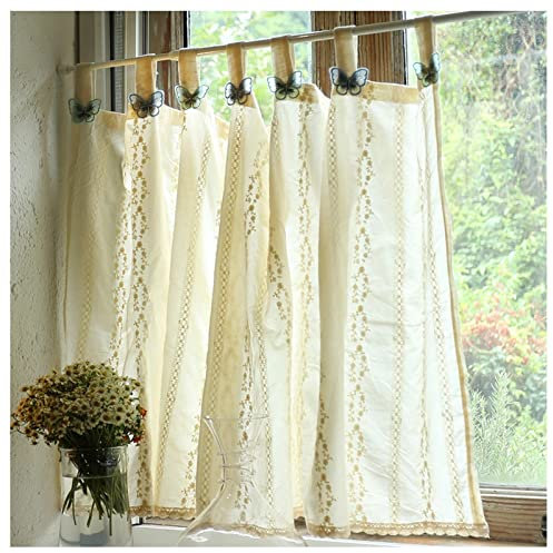 Scheibengardine Landhausstil Baumwolle Bestickte Bistrogardine Schmetterling Schlaufen Vorhang, Halbtransparent Küche Fenstergardinen, Flur Kurzvorhang (Color : Beige, Size : WxH 135x150cm/53x59in)