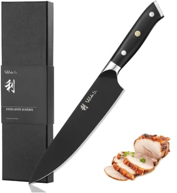 Wakoli Titanium Noir Chefmesser 20 cm, Edelstahl mit schwarzer Titanschicht | 5Cr15MoV, schwarzer G10-Griff, 15° V-Schliff beidseitig, 55 ± 1 HRC, für Fleisch, Fisch, Gemüse und Kräuter, mit Geschenkbox.