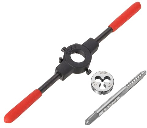 QUARKZMAN Juego de Machos y Terrajas 10-32 UNF con Mango de Llave de 20 mm para Terraja Redonda con Mango de Plástico, Macho de Roscar de Acero de Alta Velocidad