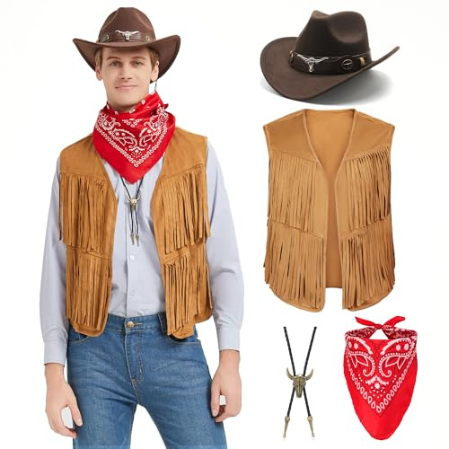 Firecos Cowboy Kostüm Herren Western Cowboy Cosplay Fransenweste mit Hut Halstuch Vintage-Halskette für Karneval Hippie Kostüm Set für Erwachsene