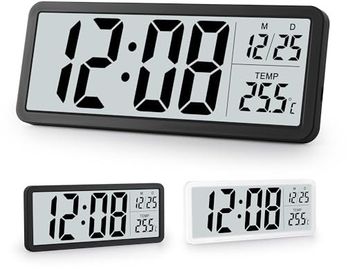 Sukeen Digital Wall Clock Battery Operated,Wall Clock Digital Clock with Big Digits,Temperature,12/24 Hr,Desk Clock for living Room Bedroom Office School Garage Warehouse-Black