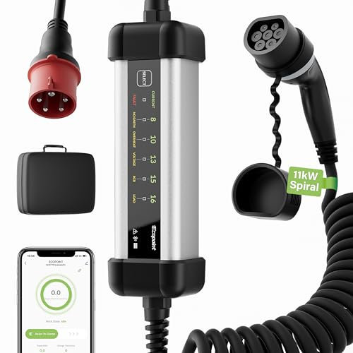 ECOPOINT 3-Phasen Mobile Wallbox 11 kW mit APP, Typ 2, Aluminiumgehäuse, 5 m Ladekabel, EV Ladegerät mit CEE Stecker, IP66 Wasserdicht, Ladestation für alle EVs und PHEVs (6-16A, Spiralkabel)