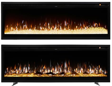WarmieHomy Large Electric Fire Wall Mounted/Recessed/Freestanding 60/152CM Electric Fireplace with Remote Control, 12 LED Color Flame Effect Media Wall Fireplace, Crystal & Log Set, 900W&1800W