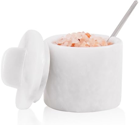 SPESHSTONES Marble Salt Cellar with Lid & Spoon 4 Inch, White | Handmade natural stone. Use as a sugar bowl, spice jar or salt box. Countertop seasoning storage and modern kitchen decor.