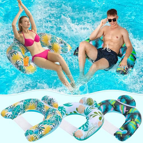 3 Pack Pool Floats Adult, OKSUWATER Pool Floaties with Two Cup Holders & Handles, Inflatable Pool Floats Chairs, Lake Floats Applies to Swimming Pool Party Summer Lake Water Fun