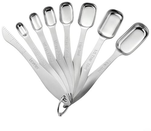 Juego de 8 cucharas medidoras de acero inoxidable con mango largo, utensilios de cocina de precisión para cocinar y hornear, incluye 7 tamaños de 1/8 cucharadita a 1 cucharada más nivelador, diseño
