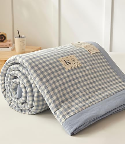 DOTBUY Trapuntino Estivo Singolo 150x200cm Fresco e Sottile in Cotone Classe A, Lavabile Copriletto Leggero a Quadri Azzurro, Ideale per Notti Calde (Senza Federe)