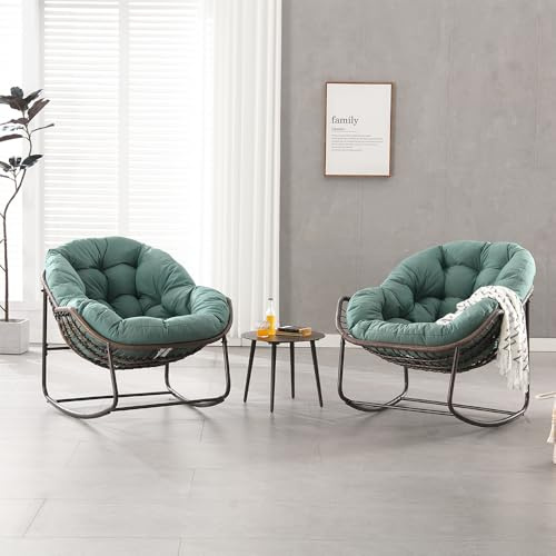 Romanbin Schaukelstühle 2PCS – Moderner Außengarten-Rocker mit Dicker Polsterung, Oversized Rattan Ei-Schaukelstuhl für Balkon, Terrasse, Garten, Innen & Außenbereich, Grün