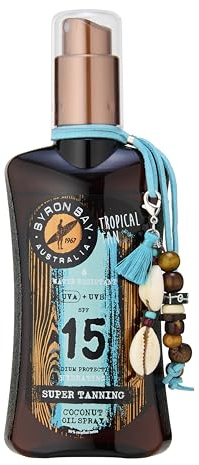 Byron Bay Australia Super Tanning Oil Spray SPF 15 - Fast Bronzing & Tan with Carrot Extract & Beta Carotene - UVA & UVB Protection with Vitamin E & Aloe Vera, Tropical Coconut Scent - 200ml