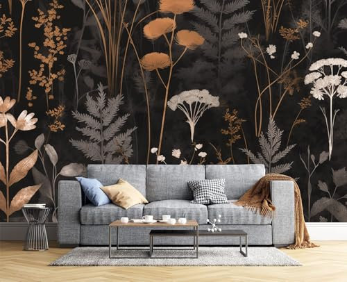 Flores Silvestres Barrocas Papel Tapiz Fotográfico Efecto 3D, Plantas Medievales Papel Pintado Marrón Óxido Fotografía Mural, 200X140Cm Pared Pintado Fotomural Dormitorio Sala Mural Decoración