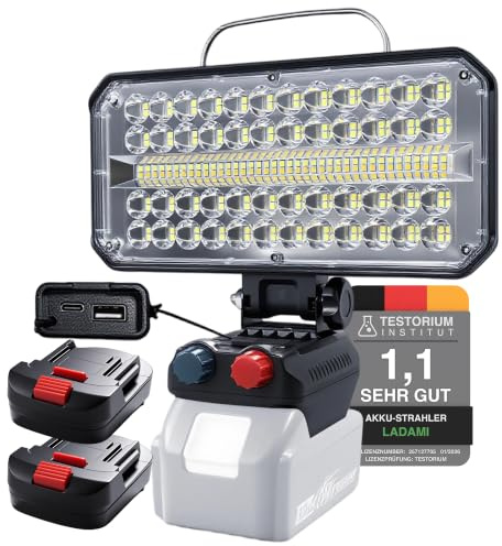 LADAMI Akku Lampe Strahler Tragbares Flutlichter Baustellen Lampe mit Typ C und USB-Aufladung Baustrahler kompatibel mit Makita、 Einhell、 Bosch 18V Akkus,Arbeitsleuchte für Camping,Autoreparaturen