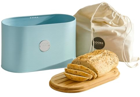 Cooks Professional Ribbed Bread Bin with Linen Bag & 2-in-1 Bamboo Cutting Board Lid | Modern, Stylish & Breathable Countertop Food Storage Canister for Loaves, Rolls, Pastries | Blue & Silver