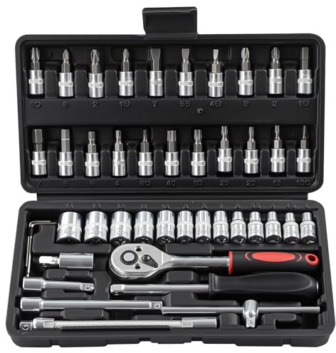 Putentfun Steckschlüssel-Satz, 46-teilig,1/4 Zoll Steckschlüssel, Umschaltknarre,Vierkant-Steckschlüsseleinsatz, Torx- Schlitz- Phillips- Pozidrive- Bit-Steckschlüsseleinsätze, Kunststoffbox