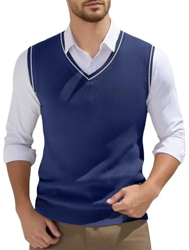 Pullunder Chaleco de punto sin mangas para hombre, cuello en V, chaleco de punto, color sólido, sin mangas, para hombres, azul, M