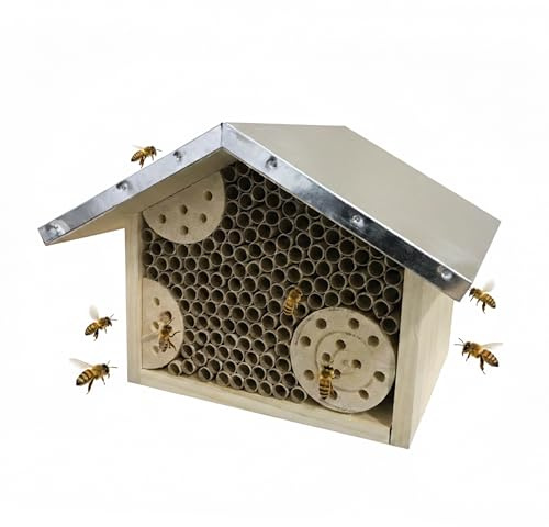 Relaxdays Hotel para Abejas en Madera con Techo galvanizado, Tubos de bambú y cartón, Colgante, Natural y Plateado 17x23