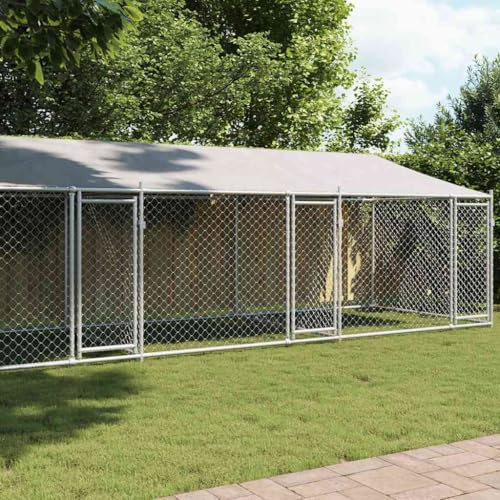 Hundezwinger mit Dach und Türen Grau 8x2x2 m aus Verzinktem Stahl, Robuster Außenkäfig mit Netzdesign und Wasserdichtem Überdachung für Sicherheit, Belüftung
