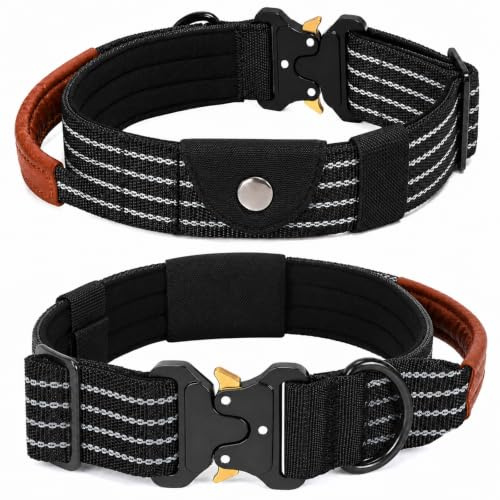 Taktisches Hundehalsband für Große Mittelgroße Hunde mit Taschen für Airtag | Reflektierend, Breit, mit Lederumwickelter Griff, Gepolstert, Metallschnalle, Robustes, Verstellbar, Dick, Nylonmaterial