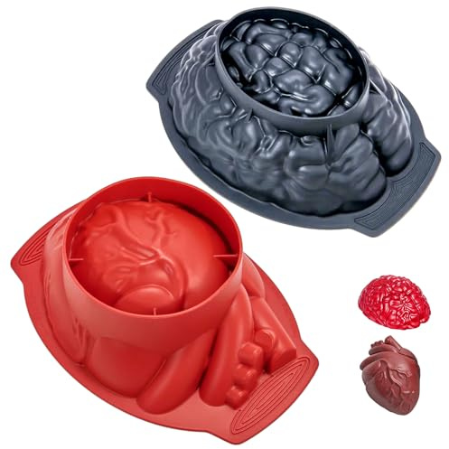 Stampo per torta a forma di cervello e cuore, confezione da 2 stampi in silicone per Halloween, grande volume, con base di supporto per torte di Halloween, caramelle, cioccolato, gelatina o budino