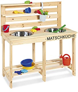 PINOLINO 221011 Matschküche Paul, unbehandelt, vollmassives Holz, Durchlass für einen Gartenschlauch in der Rückwand, für Kinder ab 3 Jahren