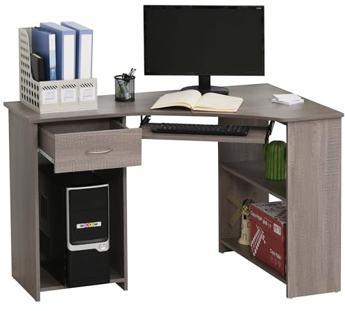 HOMCOM L-Shaped Corner Computer Desk Wide Worktop w/Keyboard Tray Grey