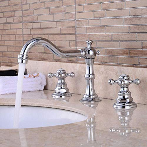 Robinet Lavabo 3 Trous Laiton Rétro Chaud et Froid Double Poignée Salle de Bain Lavabo Robinet Antirouille Étanche-Chrome