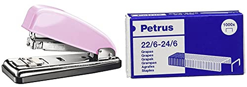 PETRUS 624403 Grapadora para oficina gama RETRO modelo 226 color strawberry crream (en blister) + Grapas- Caja de 1000 grapas de 22/6 1 caja, 55723