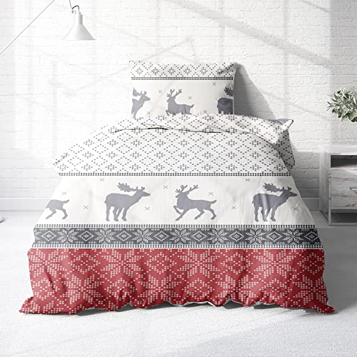 Träumschön Biber Bettwäsche Set 2tlg 135x200 cm + 80x80 cm – Flauschige Winterbettwäsche Weihnachten – Weiche Winterbettwäsche mit Rentieren - Atmungsaktiv, Warm & Hautfreundlich - 100% Baumwolle
