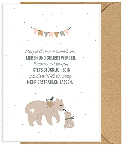 KOKO&LORA® Glückwunschkarte zur Geburt mit Umschlag • moderne Grußkarte mit niedlichen Motiven für Mädchen und Jungen - Geschenk zur Geburt fürs Baby (Mögest du immer behütet sein)