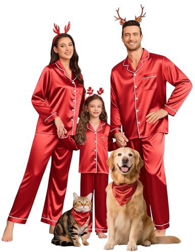 SWOMOG Family Matching Pajamas Set Silk Satin Button Down Sleepwear Long Sleeve Nightwear 2 Pcs Pj Set Women Red Large