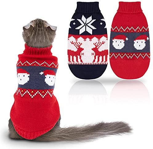 RANYPET Weihnachts-Katzenpullover, 2er-Set, Pullover für Katzen, Größe S | weicher Acrylstrick, Klassisches Weihnachts-Strickmuster für Katze & Zwerghund, für Weihnachtsfotos, Partys & Wintertage
