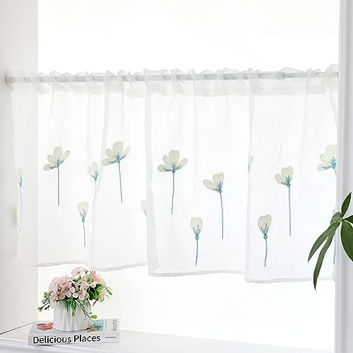 ArtisticHome Flower Embroidered Curtain Net Lace Valance Curtain with Blue Branches, Bistro Curtain for Kitchen Bathroom Window Curtain, Yellow Floral Half Curtain, W 150 x D 50 cm……