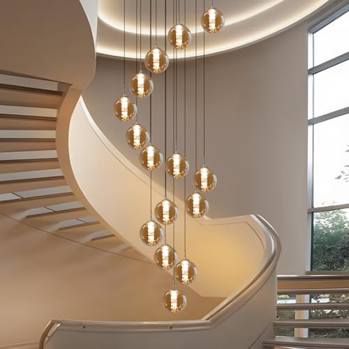CBJKTX Lampe suspendue Salle de séjour Cage d'escalier - Moderne Hauteur réglable Table de salle à manger 15 flammes en verre pour Cuisine manger couloir (Ambre)