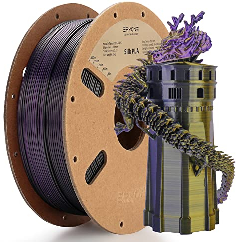 ERYONE Dreifarbiges Seiden PLA Filament 1.75mm,Seidiges Mehrfarbiges PLA-Filament für 3D-Drucker +/- 0,03 mm,Co-Extrusion Seiden PLA Filament 1 kg/Spule, Gold& Lila& Schwarz