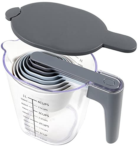 Recogwood Measuring Cups and Spoons set 10 Pieces, Stackable Measuring Cup with Lid, Kitchen Cooking Baking Measuring Spoons Set for Liquid and Dry, BPA Free, Dishwasher Safe