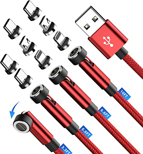 USB C kabel [4Pack 1m+2m+2m+3m] Red 3 in 1 ladekabel magnetisch 540-Grad-Drehung 3A Schnelllade & Datenübertragungs Ladekabel für Micro USB/Typ C Handys und Tablets Samsung Android